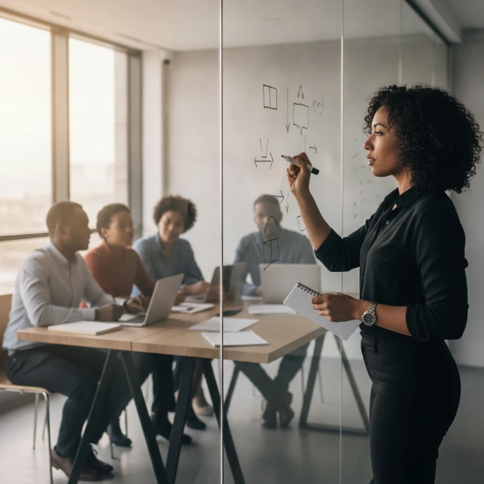 AI Generated Facilitator leading corporate training workshop (no text)